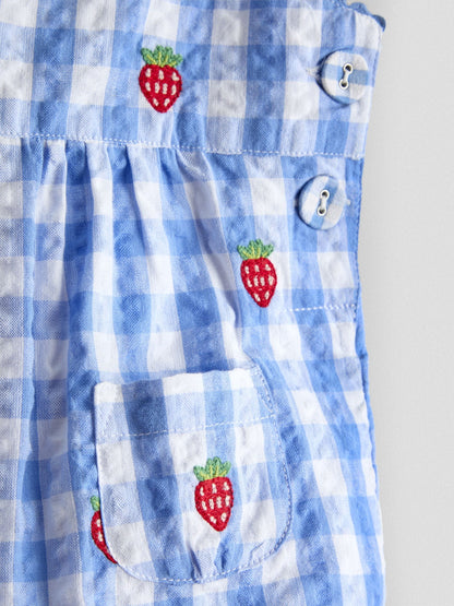 JoJo Maman Bébé Blue Strawberry Embroidered Seersucker Gingham Dungaree image 3