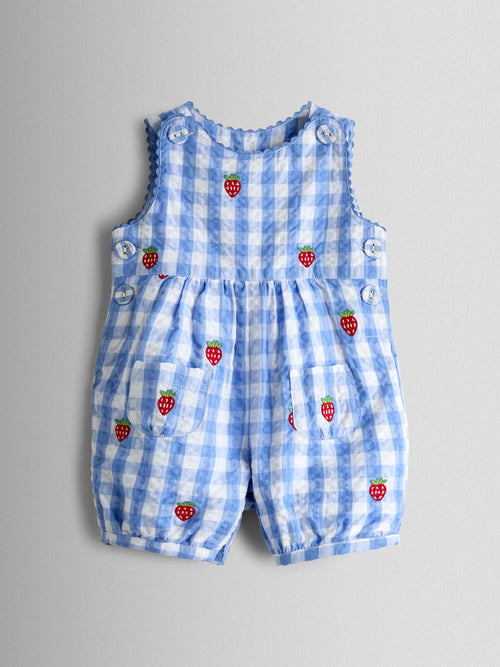 JoJo Maman Bébé Blue Strawberry Embroidered Seersucker Gingham Dungaree image 1