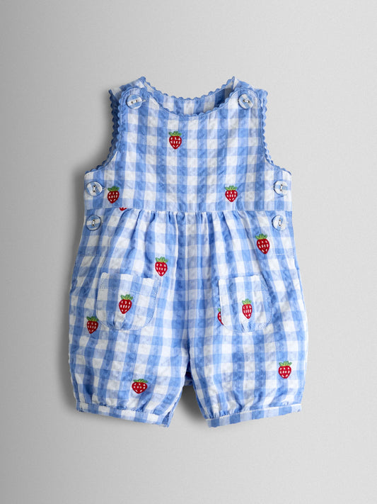 JoJo Maman Bébé Blue Strawberry Embroidered Seersucker Gingham Dungaree image 1