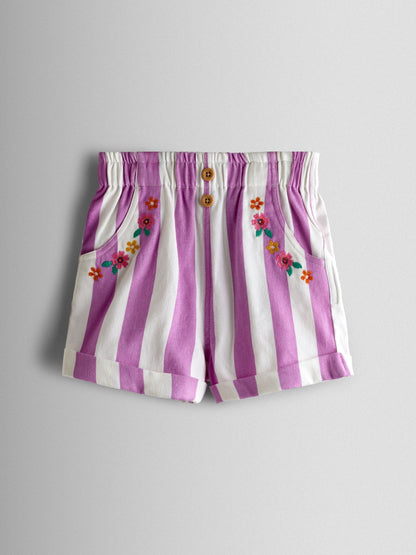 JoJo Maman Bébé Lilac Purple Stripe Embroidered Twill Paperbag Shorts image 1