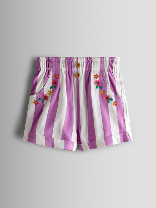 JoJo Maman Bébé Lilac Purple Stripe Embroidered Twill Paperbag Shorts image 1