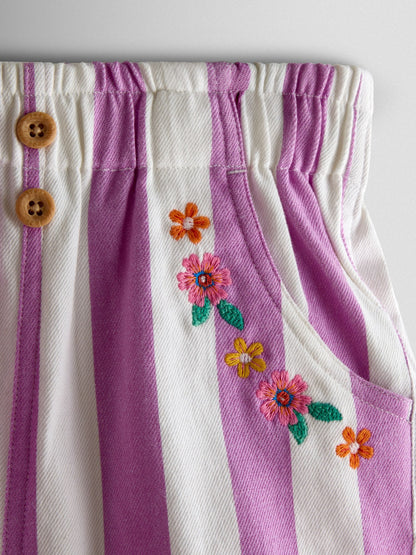 JoJo Maman Bébé Lilac Purple Stripe Embroidered Twill Paperbag Shorts image 3