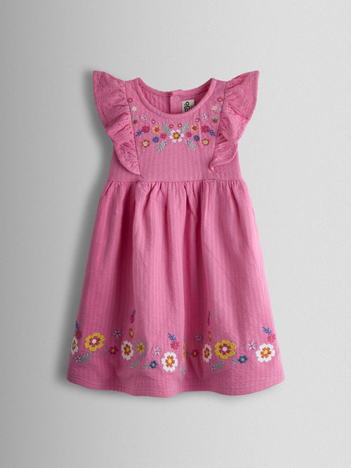 JoJo Maman Bébé Pink Floral Embroidered Seersucker Dress image 1