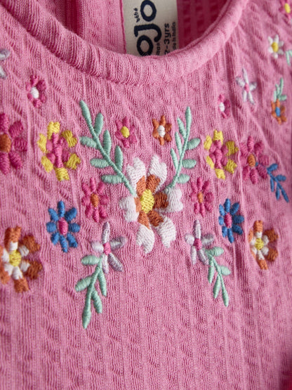 JoJo Maman Bébé Pink Floral Embroidered Seersucker Dress image 3