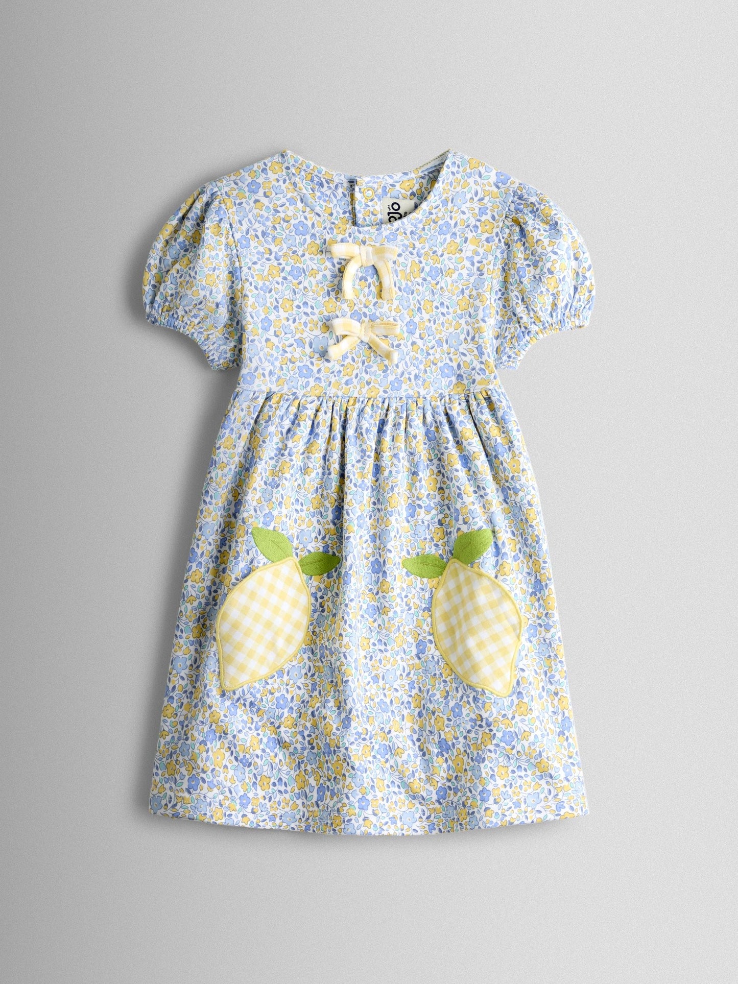 JoJo Maman Bébé Yellow Lemon Appliqué Puff Sleeve Button Front Dress image 1