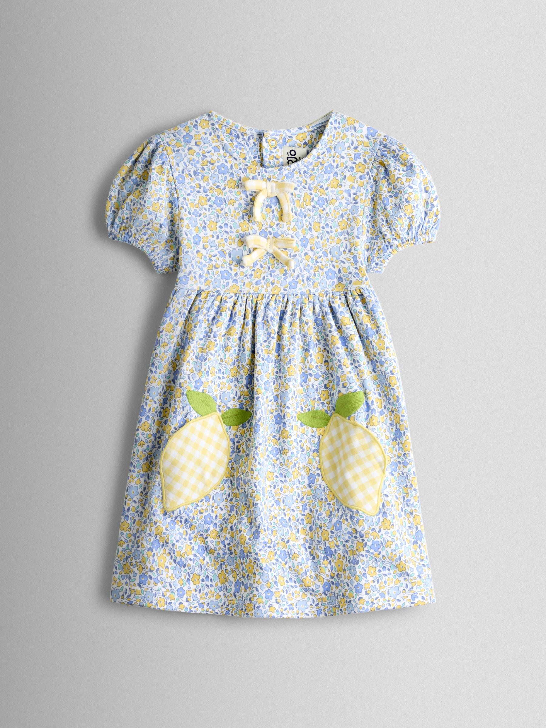 JoJo Maman Bébé Yellow Lemon Appliqué Puff Sleeve Button Front Dress image 1