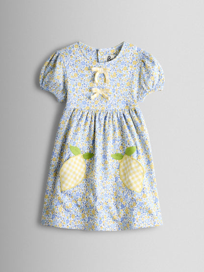 JoJo Maman Bébé Yellow Lemon Appliqué Puff Sleeve Button Front Dress image 1