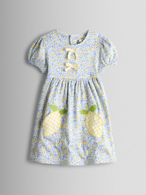 JoJo Maman Bébé Yellow Lemon Appliqué Puff Sleeve Button Front Dress image 1