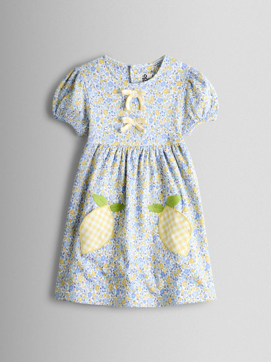 JoJo Maman Bébé Yellow Lemon Appliqué Puff Sleeve Button Front Dress image 1