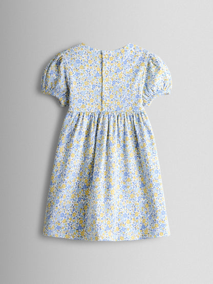 JoJo Maman Bébé Yellow Lemon Appliqué Puff Sleeve Button Front Dress image 2