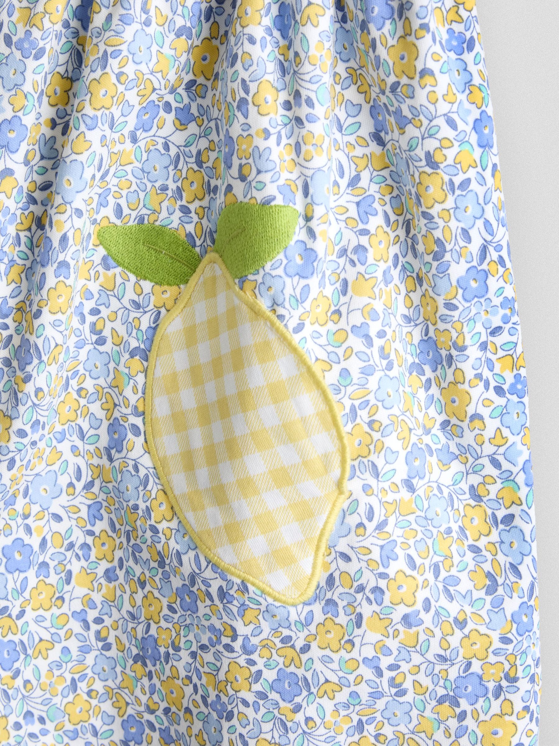JoJo Maman Bébé Yellow Lemon Appliqué Puff Sleeve Button Front Dress image 3