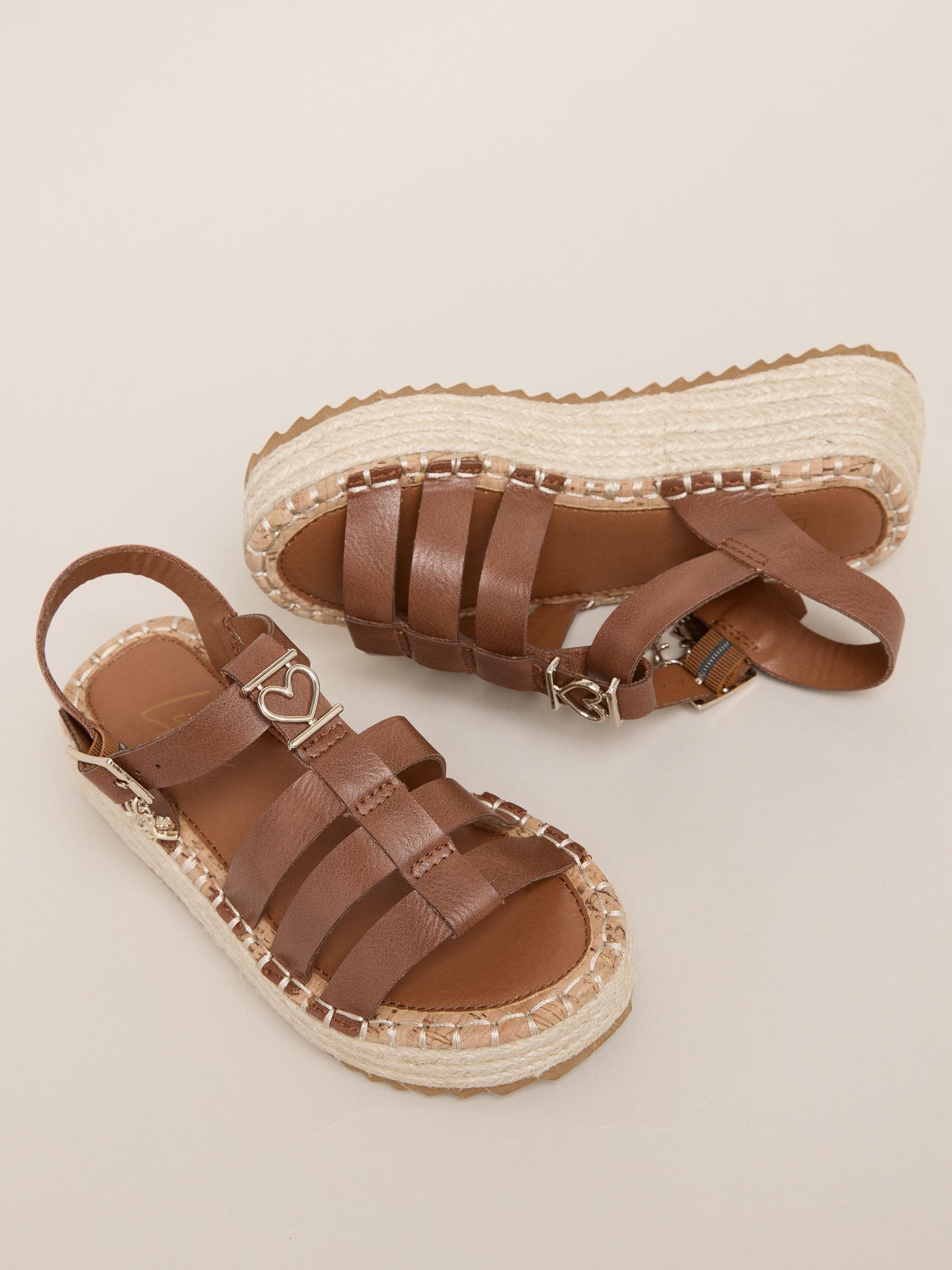 Lipsy Tan Brown Gladiator Heart Charm Espadrille Flatform Sandals image 3