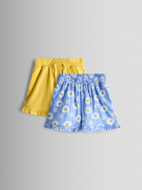 JoJo Maman Bébé Yellow & Blue Daisy 2-Pack Frill Shorts image 1