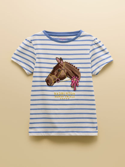 Joules Official Badminton Blue & Cream Stripe Horse Applique T-shirt image 1