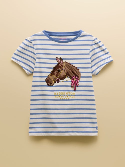 Joules Official Badminton Blue & Cream Stripe Horse Applique T-shirt image 1