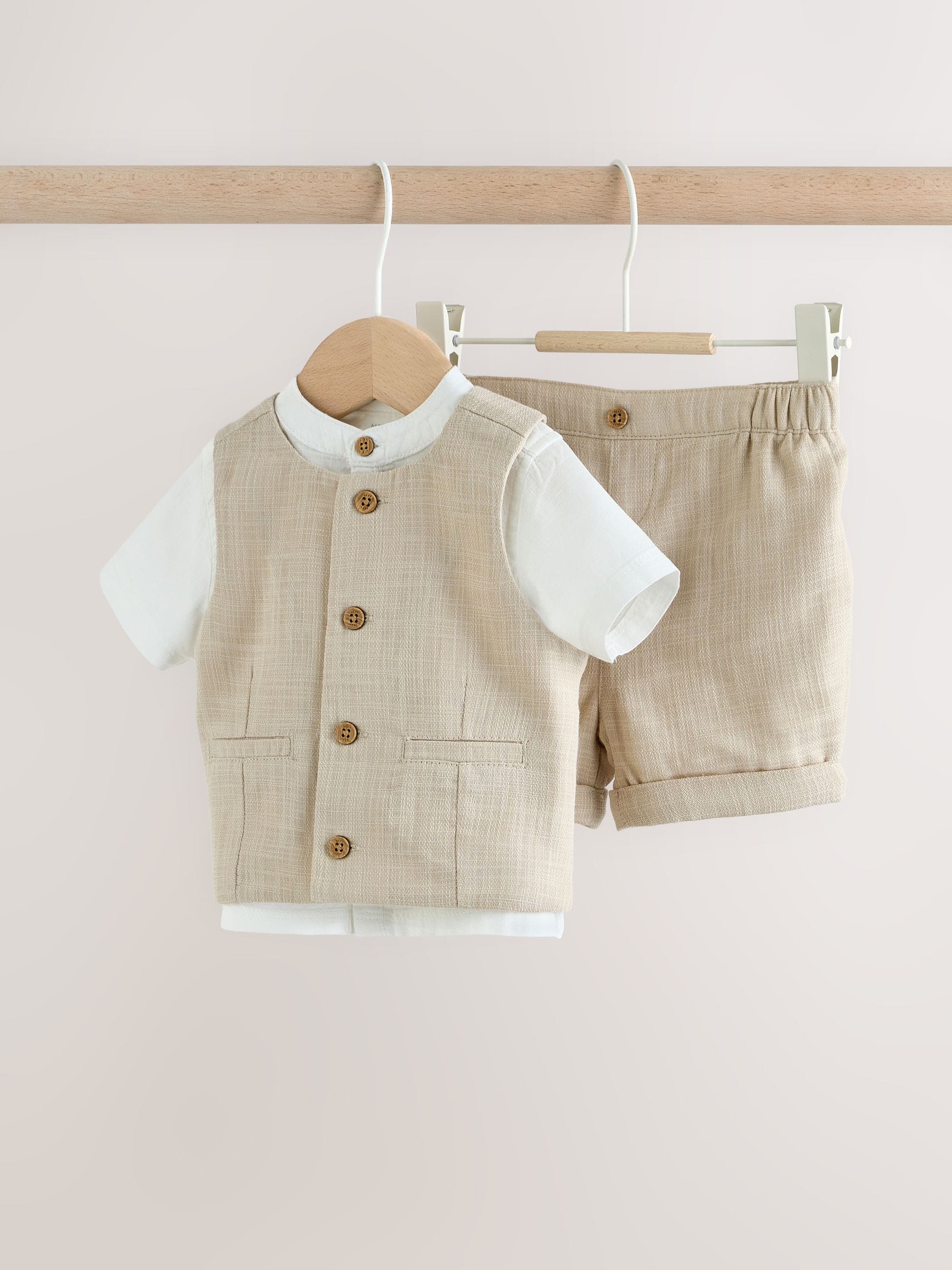 Neutral Woven Waistcoat, Shirt and Shorts Baby Set 3 Piece (0mths-2yrs) image 1