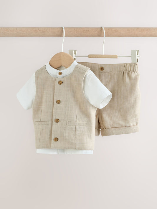 Neutral Woven Waistcoat, Shirt and Shorts Baby Set 3 Piece (0mths-2yrs) image 1