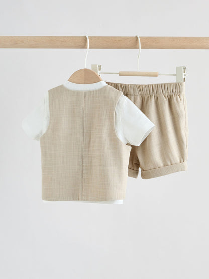 Neutral Woven Waistcoat, Shirt and Shorts Baby Set 3 Piece (0mths-2yrs) image 6