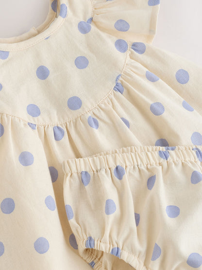 Blue/Ecru Spot Woven Baby Dress And Knickers Set 2 Piece (0mths-3yrs) image 9