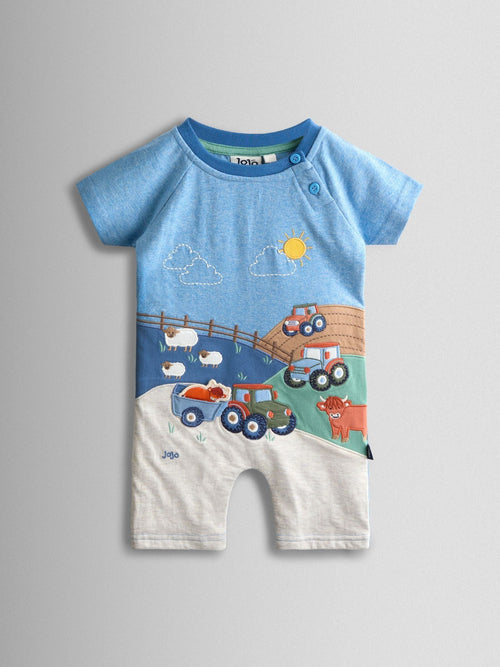 JoJo Maman Bébé Light Blue Tractor Appliqué Scene Romper image 1
