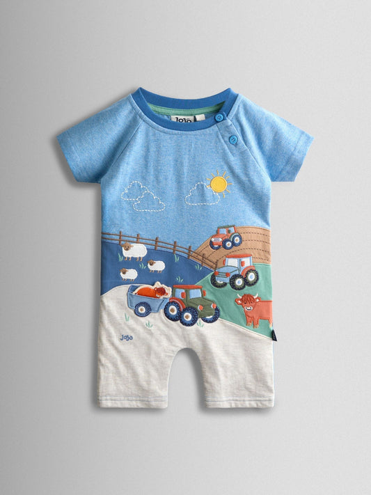 JoJo Maman Bébé Light Blue Tractor Appliqué Scene Romper image 1