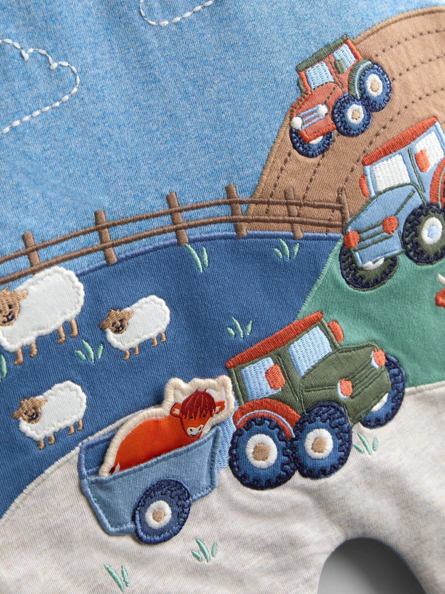 JoJo Maman Bébé Light Blue Tractor Appliqué Scene Romper image 3