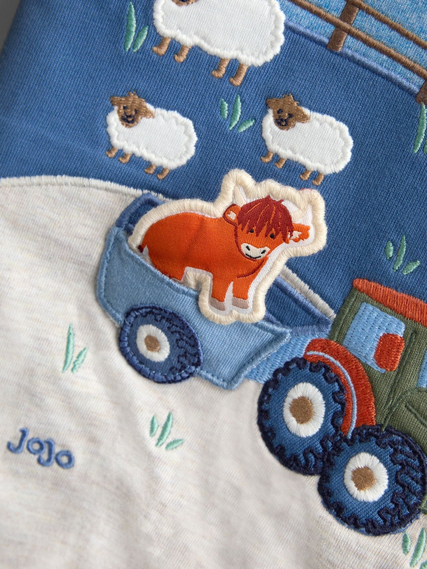 JoJo Maman Bébé Light Blue Tractor Appliqué Scene Romper image 4