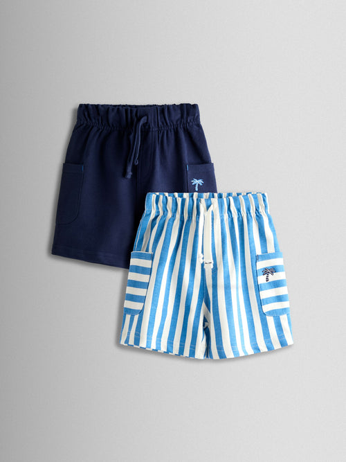 JoJo Maman Bébé Blue 2-Pack Stripe & Plain Shorts image 1