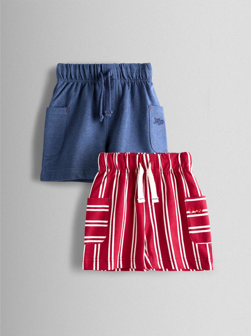 JoJo Maman Bébé Red 2-Pack Stripe & Plain Shorts image 1