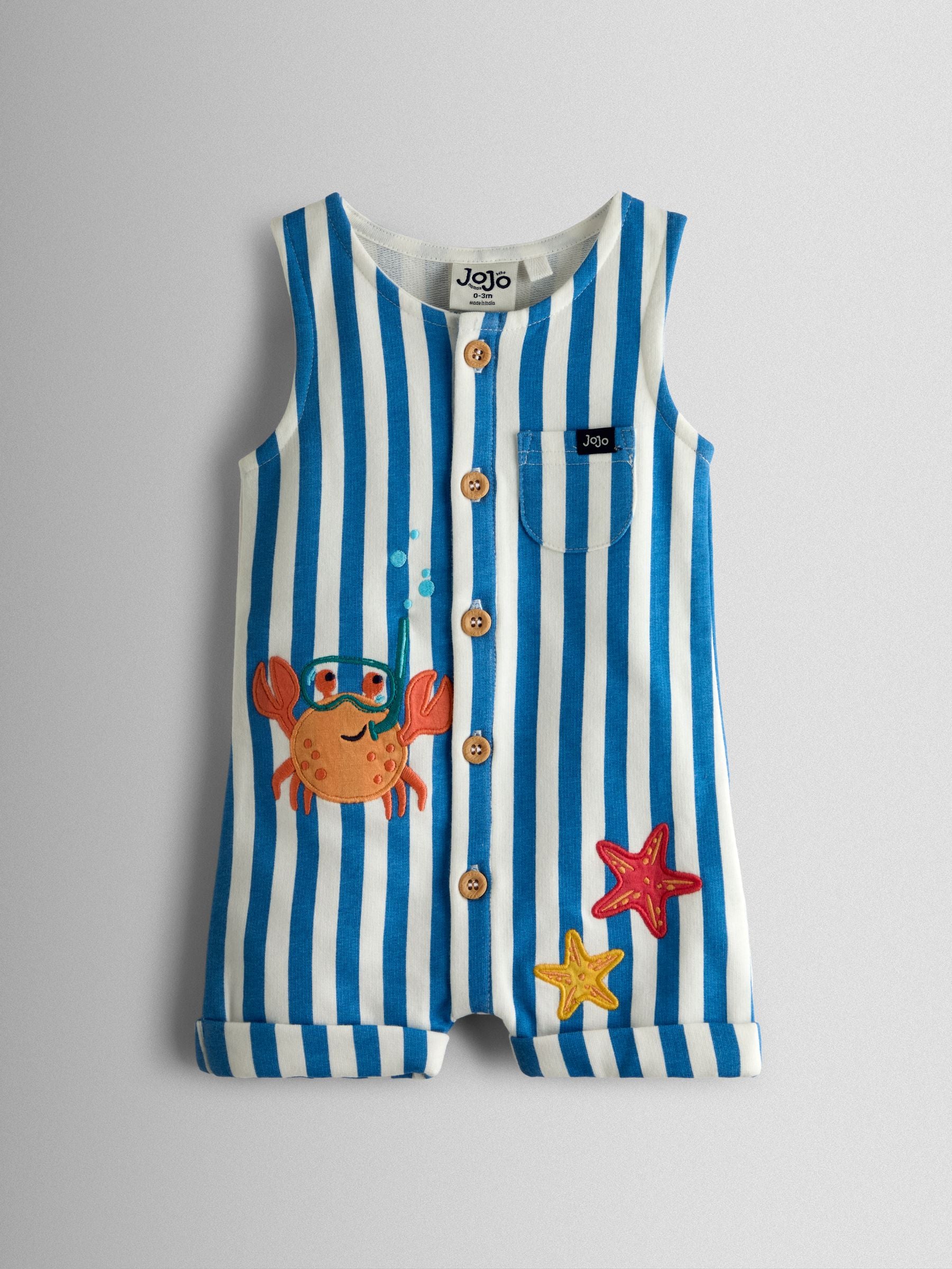JoJo Maman Bébé Blue Stripe Crab Applique Button Through Romper image 1