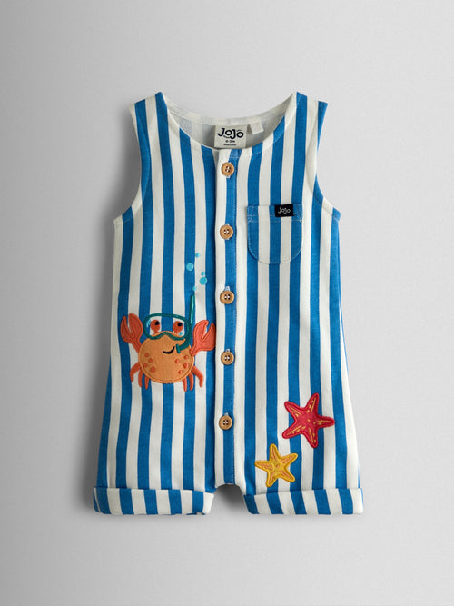 JoJo Maman Bébé Blue Stripe Crab Applique Button Through Romper image 1