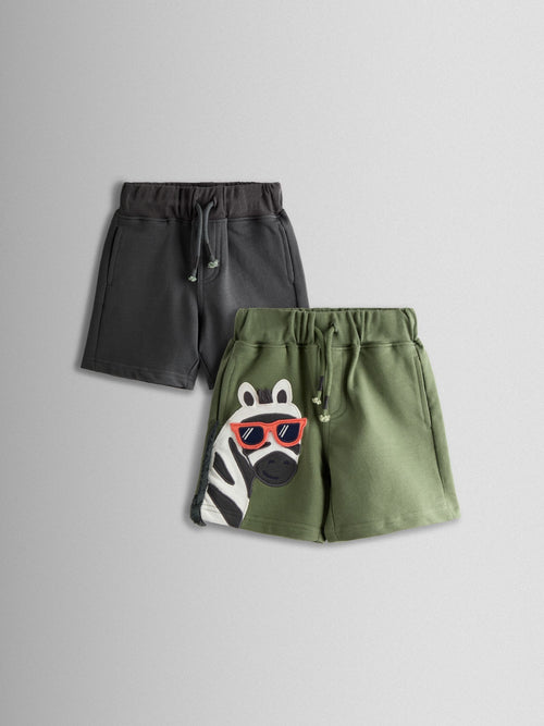 JoJo Maman Bébé Khaki Zebra 2-Pack Appliqué & Plain Shorts image 1