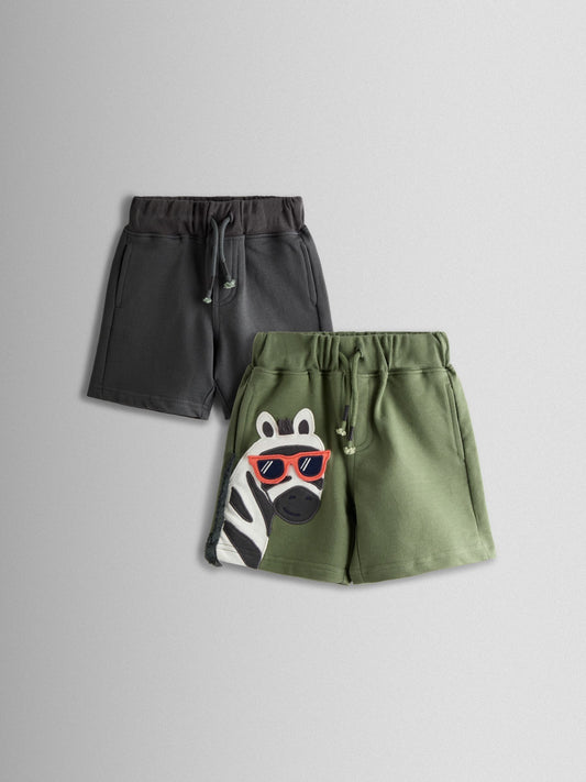 JoJo Maman Bébé Khaki Zebra 2-Pack Appliqué & Plain Shorts image 1