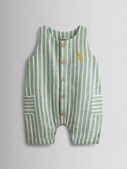 JoJo Maman Bébé Sage Green Giraffe Button Front Stripe Romper image 2