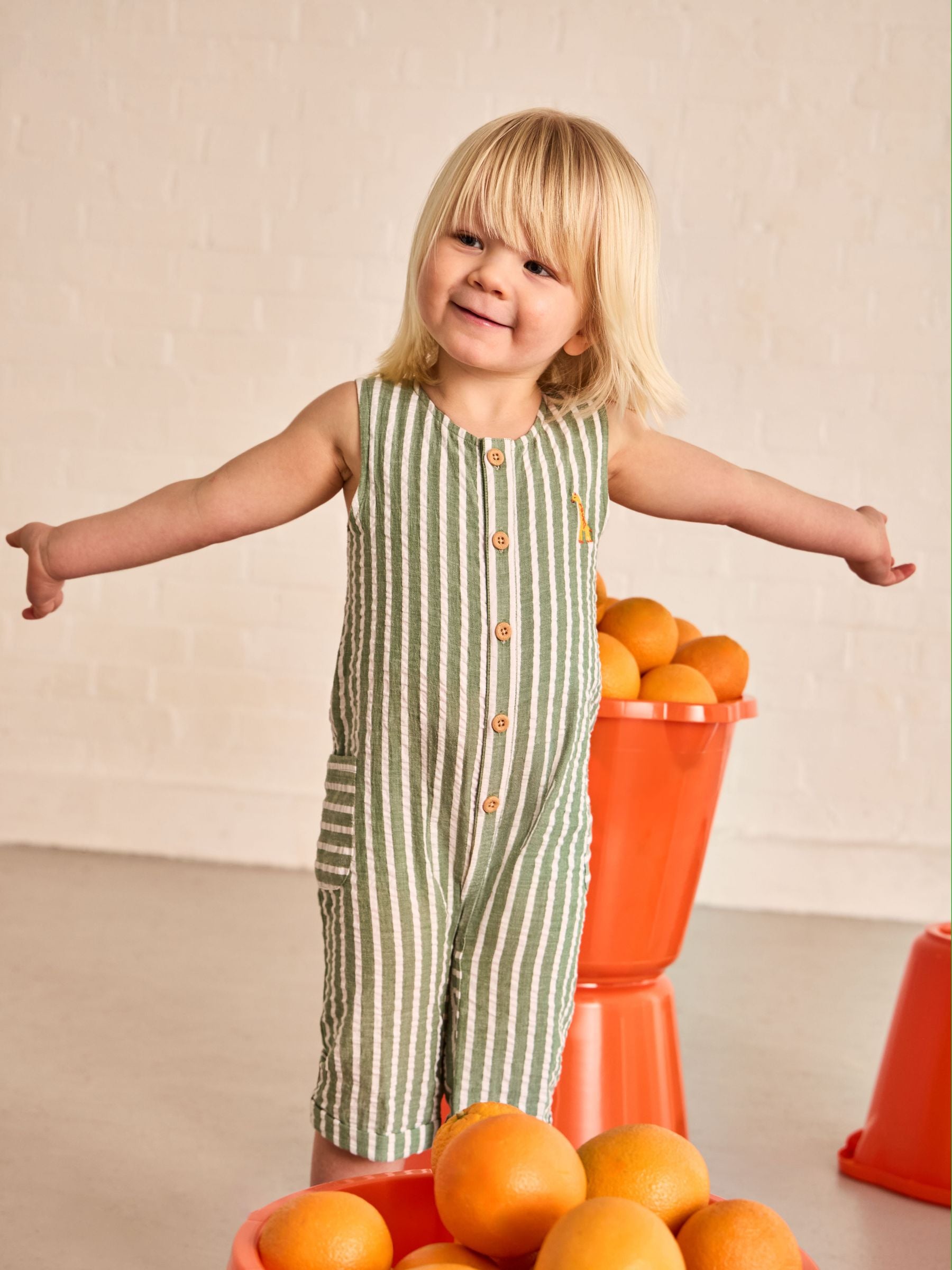JoJo Maman Bébé Sage Green Giraffe Button Front Stripe Romper image 1