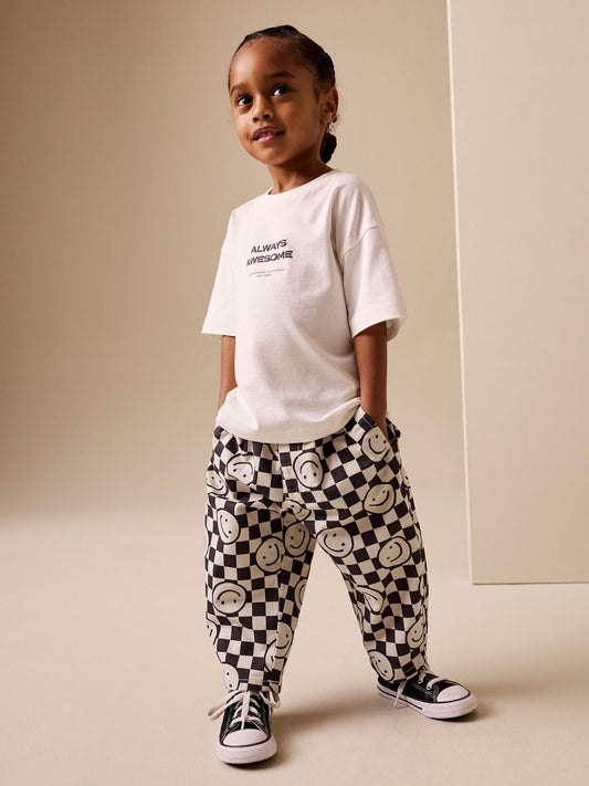 Black/Neutral Happy Face Checkerboard Barrel Pull On Trousers (3mths-7yrs) image 1