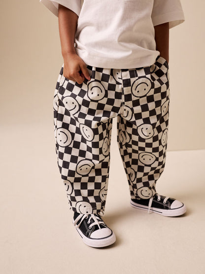 Black/Neutral Happy Face Checkerboard Barrel Pull On Trousers (3mths-7yrs) image 2