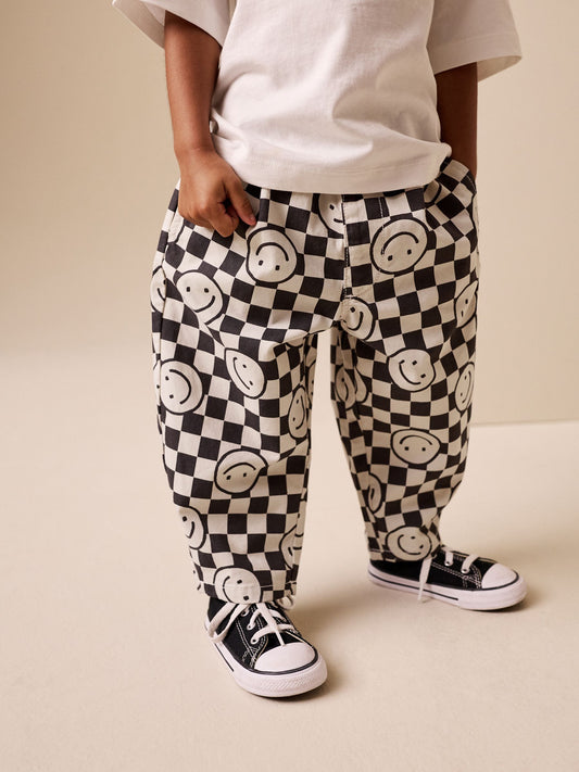 Black/Neutral Happy Face Checkerboard Barrel Pull On Trousers (3mths-7yrs) image 2