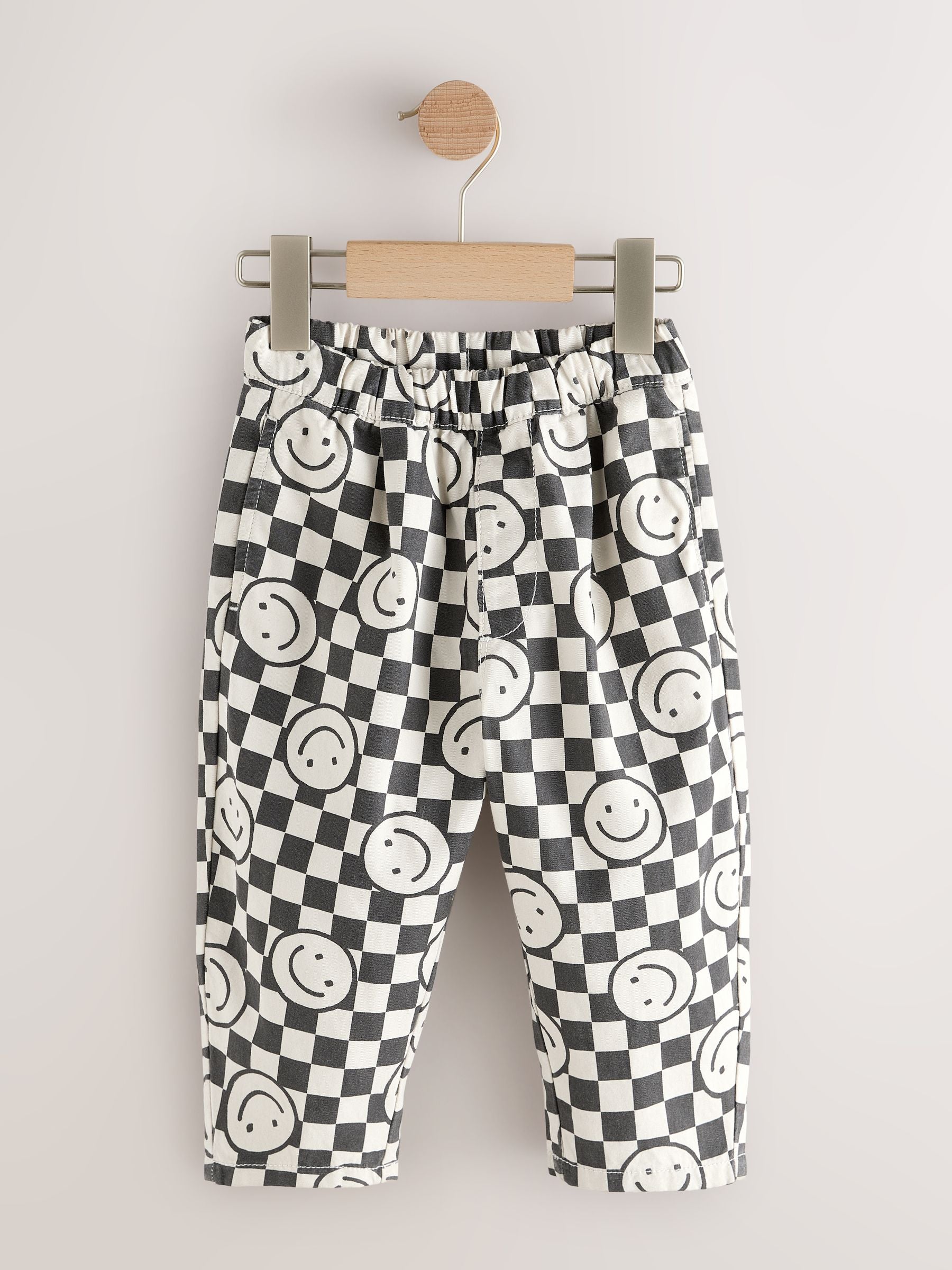 Black/Neutral Happy Face Checkerboard Barrel Pull On Trousers (3mths-7yrs) image 4