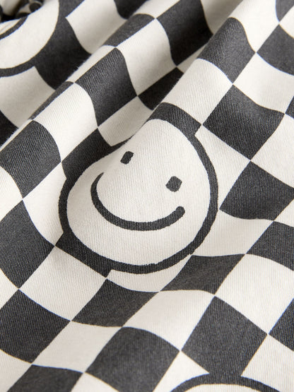 Black/Neutral Happy Face Checkerboard Barrel Pull On Trousers (3mths-7yrs) image 7