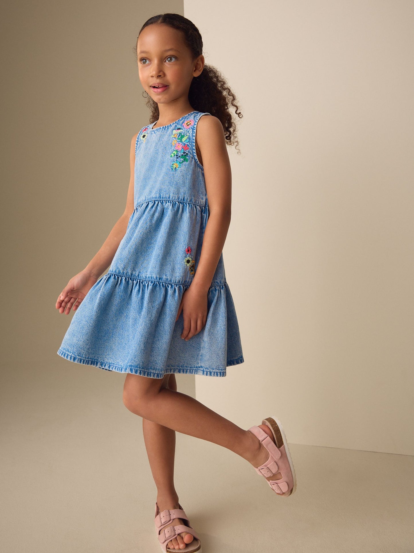 Blue Denim Embroidered Tiered Dress (3-16yrs) image 2
