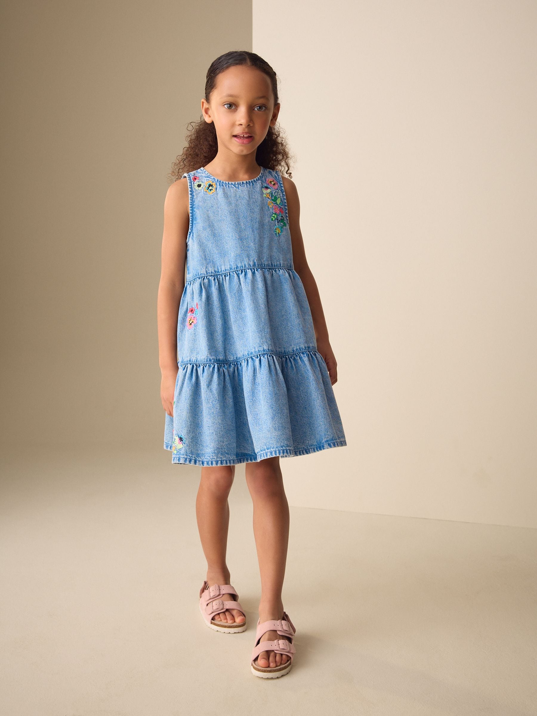 Blue Denim Embroidered Tiered Dress (3-16yrs) image 4