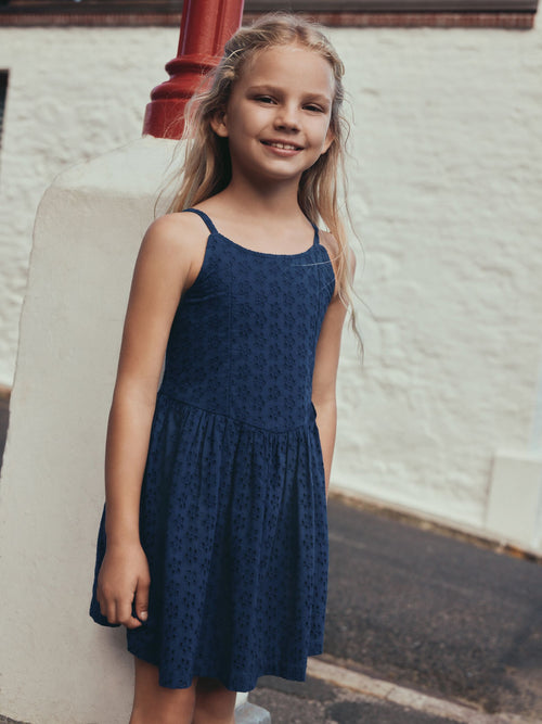 Navy Strappy Broderie Dress (3-16yrs) image 1