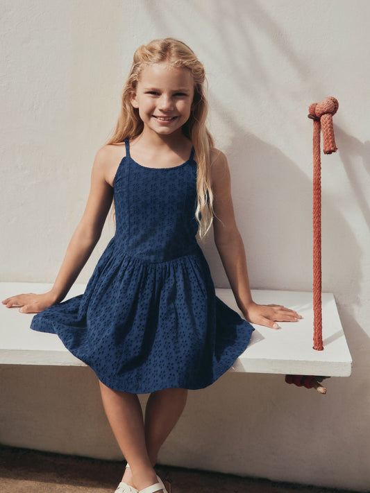 Navy Strappy Broderie Dress (3-16yrs) image 2