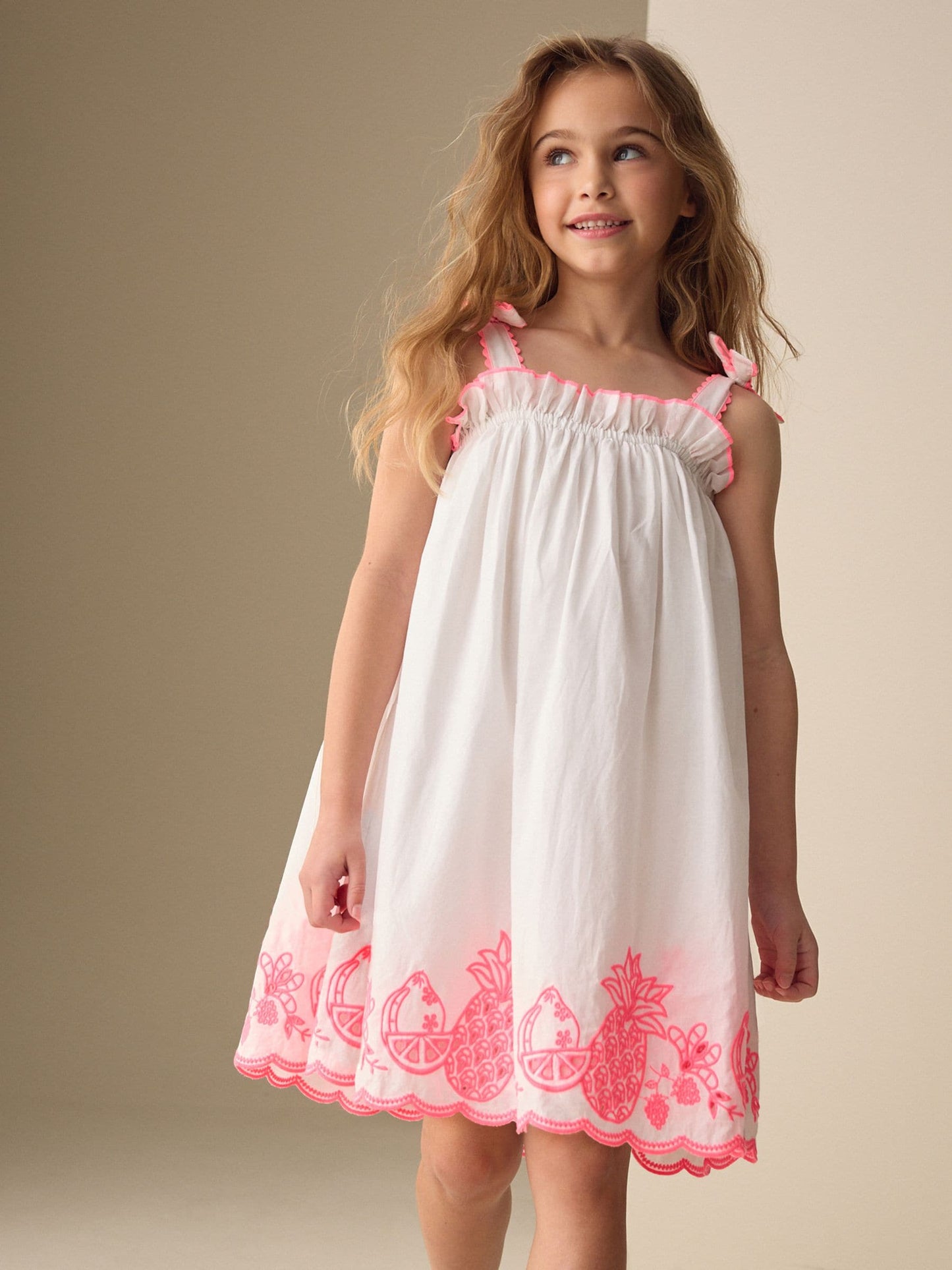 White/Pink Bow Strappy Embroidered Summer Dress (3-16yrs) image 1