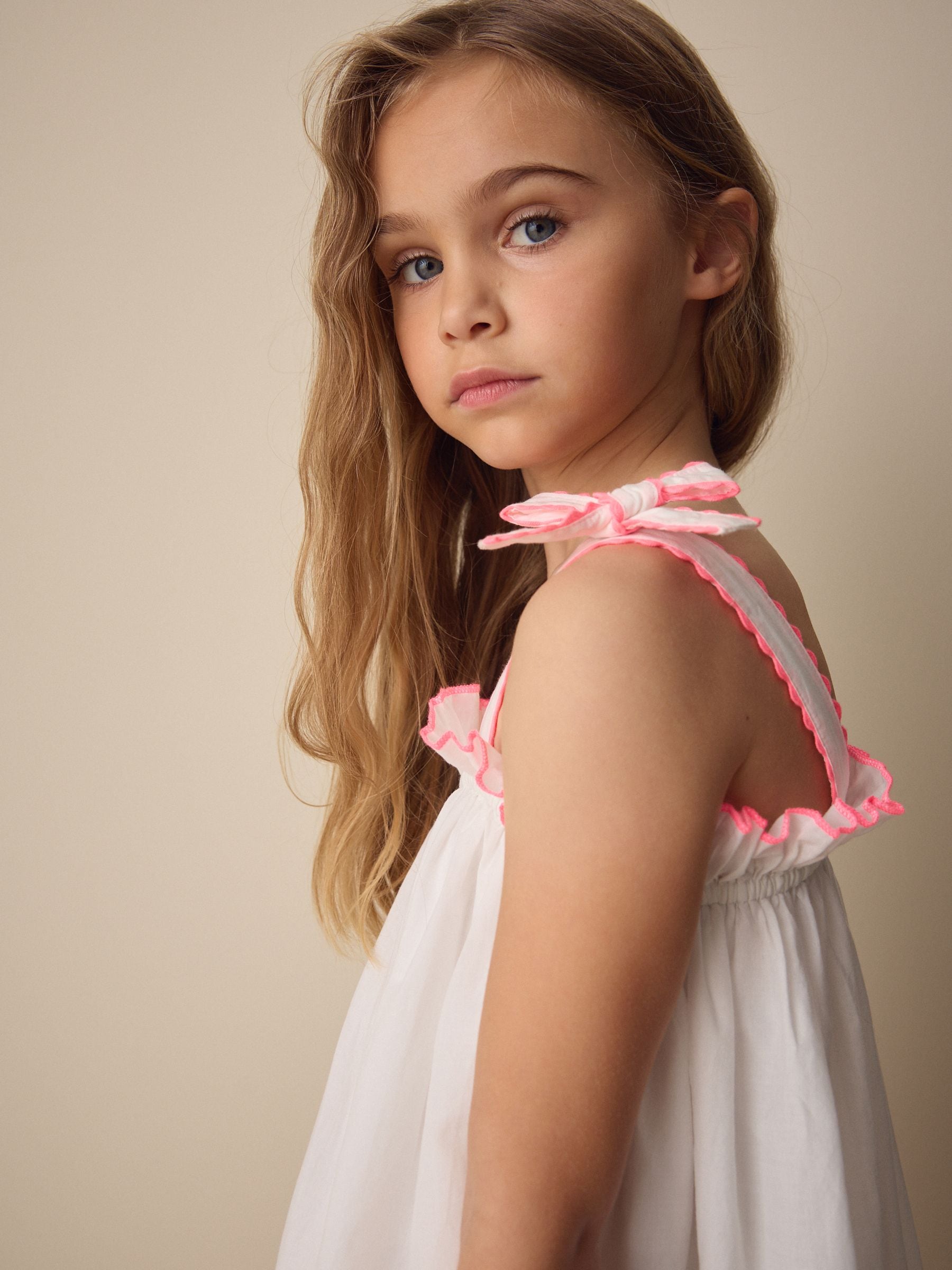 White/Pink Bow Strappy Embroidered Summer Dress (3-16yrs) image 2