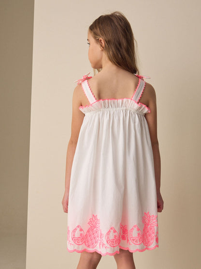 White/Pink Bow Strappy Embroidered Summer Dress (3-16yrs) image 3