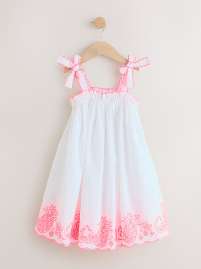 White/Pink Bow Strappy Embroidered Summer Dress (3-16yrs) image 4