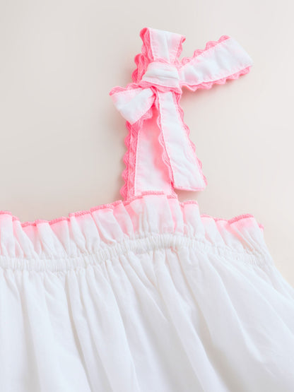 White/Pink Bow Strappy Embroidered Summer Dress (3-16yrs) image 6