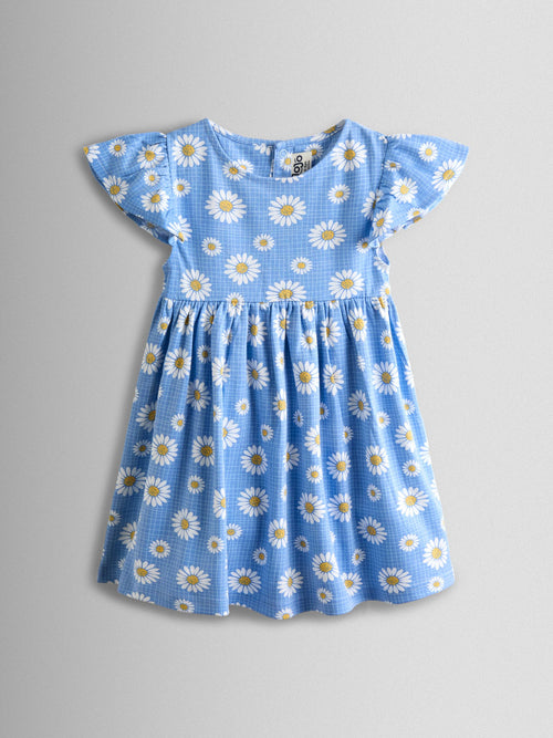 JoJo Maman Bébé Blue Daisy Print Flutter Sleeve Dress image 1
